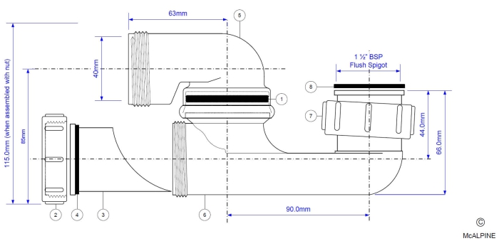 Technische Zeichnung Ablaufgarnitur Badewanne Außengewinde 1 1/2 Zoll
